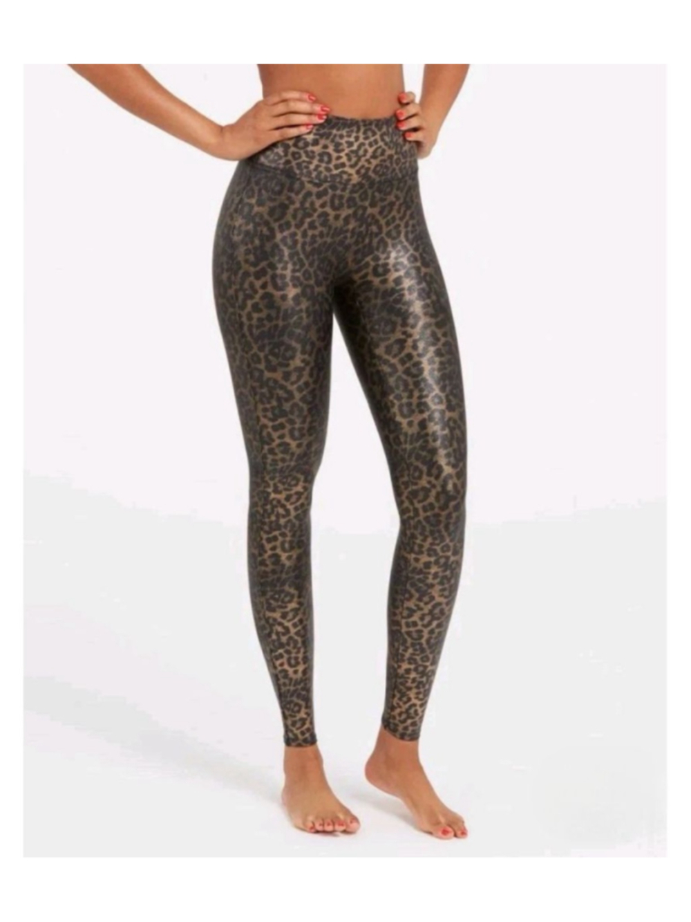SPANX Leopard Shine Print Faux Leather High Rise Leggings Size M Black‎ Gold 156